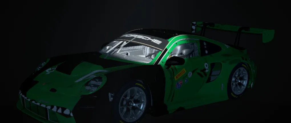 A Porsche 992 GT3 R in its green number 80 race livery, discovered by a travelling reflection